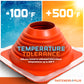 Red silicone Metal roof boot with temperature tolerance range displayed on a gradient background