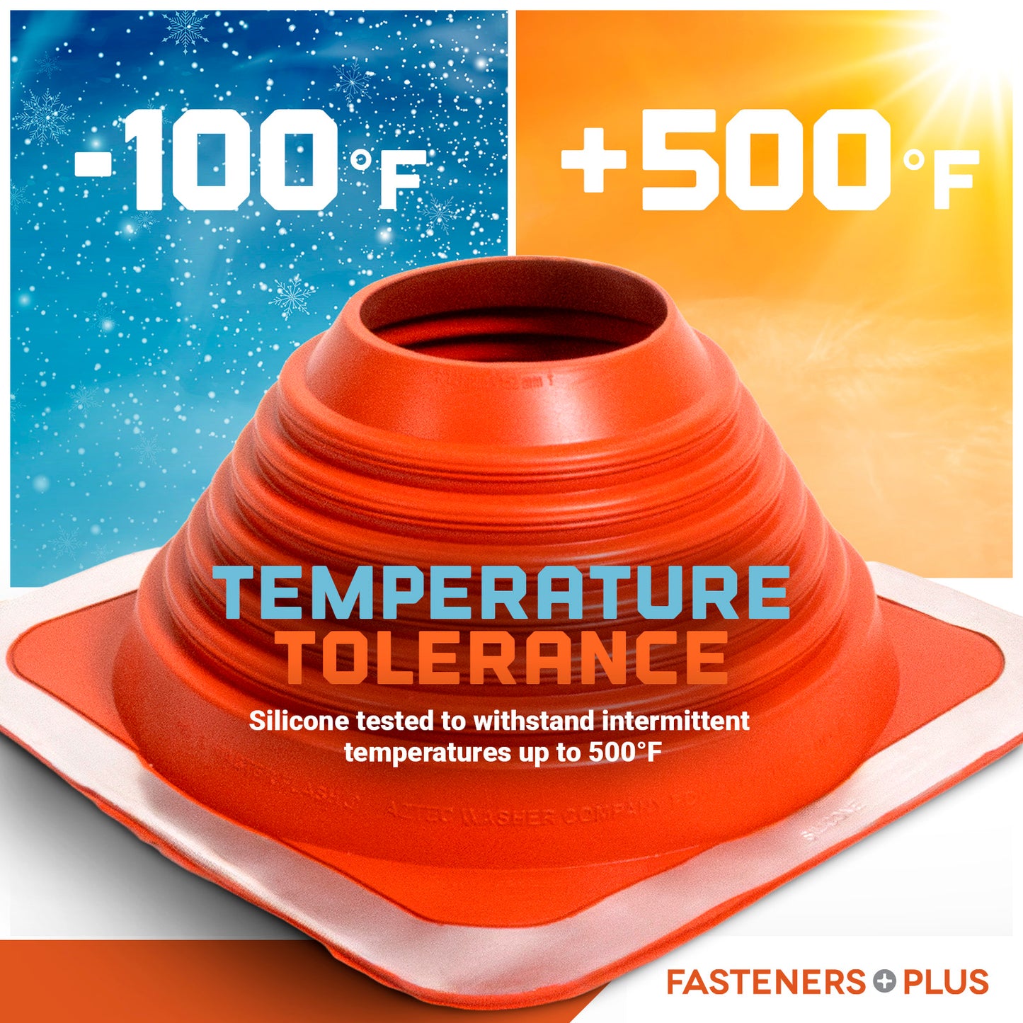 Red silicone Metal roof boot with temperature tolerance range displayed on a gradient background