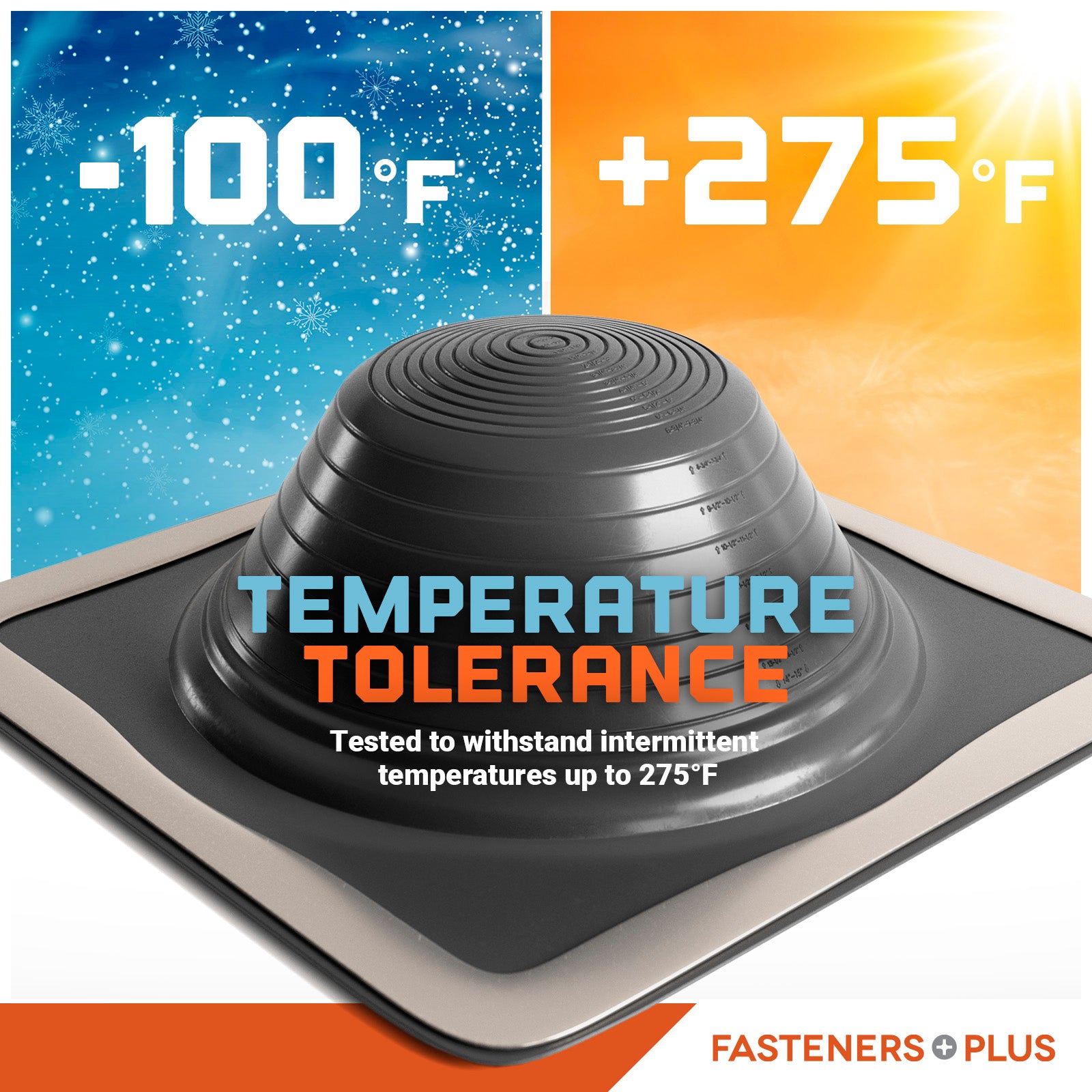 Temperature tolerance graphic with a black metal roof boot and temperature range labels on a white background.