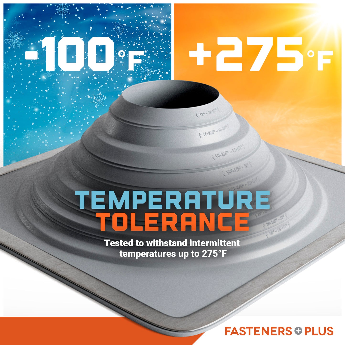 Temperature tolerance feature of a metal roof boot with temperature range displayed.