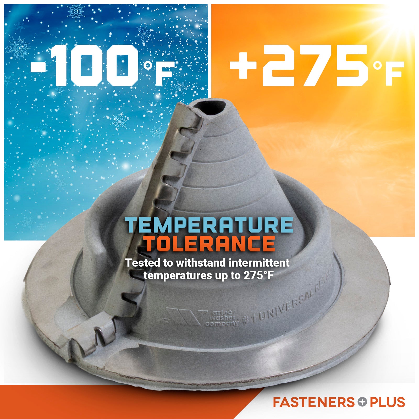 metal roof boot with temperature tolerance range displayed, featuring cold and hot temperature extremes.