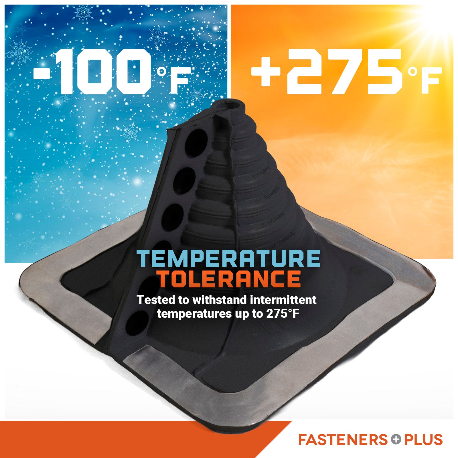 Temperature tolerant metal roof boot with temperature range display and Fasteners Plus branding.