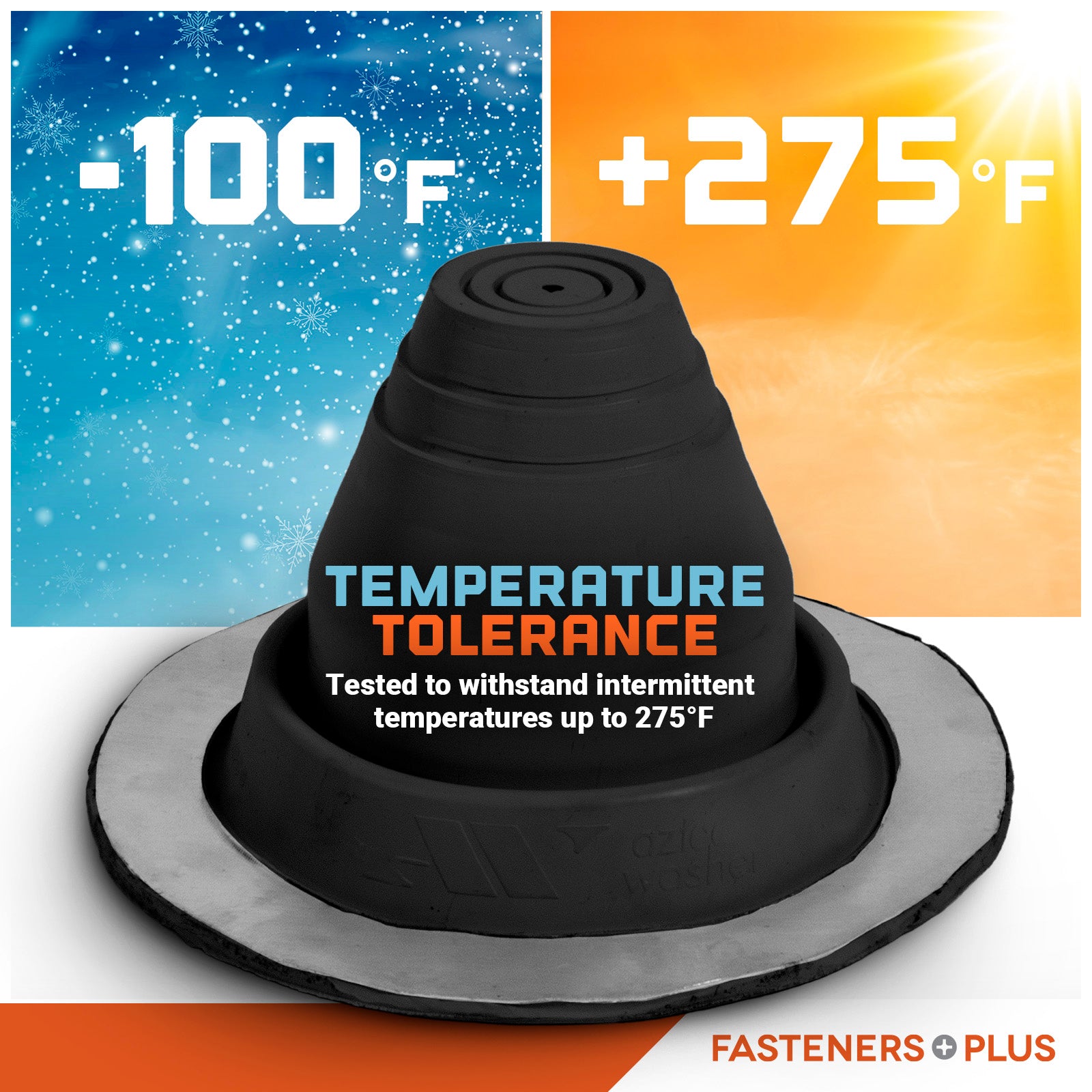 Black temperature tolerance metal roof boot with temperature range displayed against a gradient background.