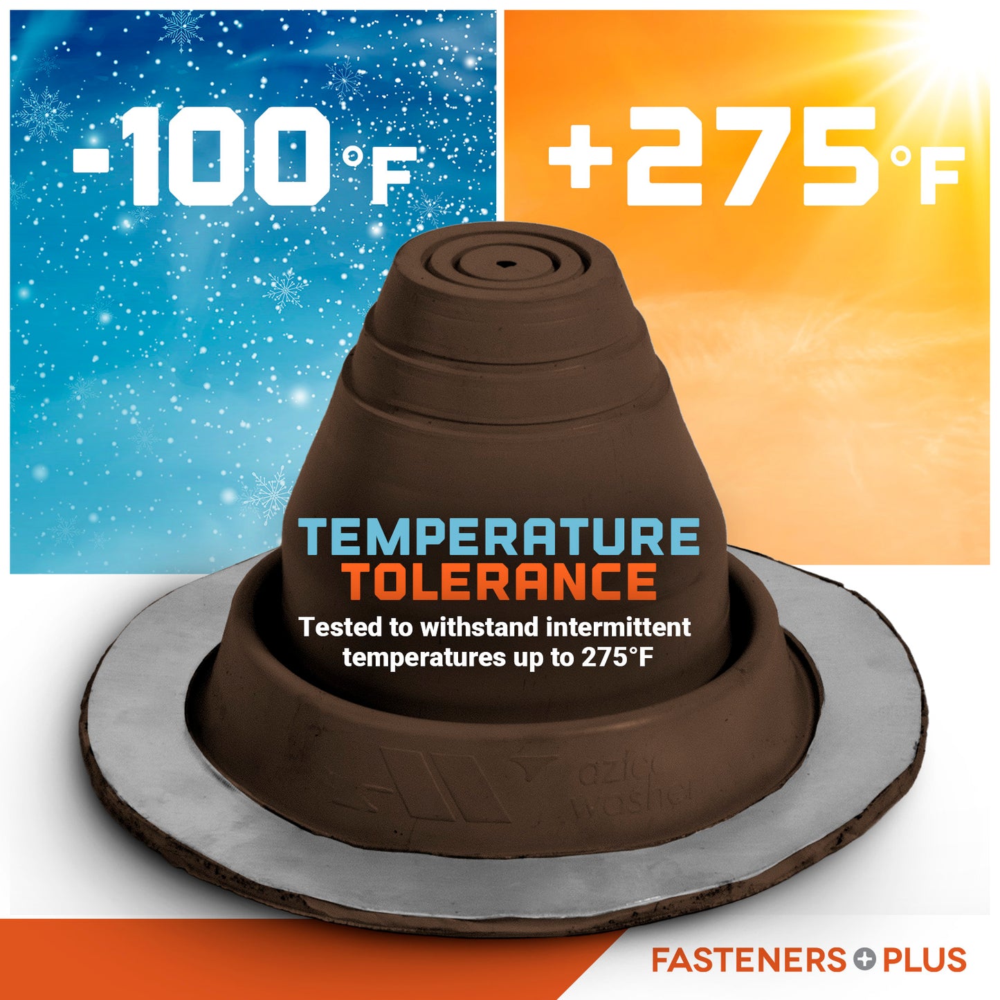Temperature tolerance metal roof boot with temperature range displayed on a colorful background