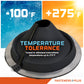 Black temperature tolerance metal roof boot with temperature range labels on a colorful background