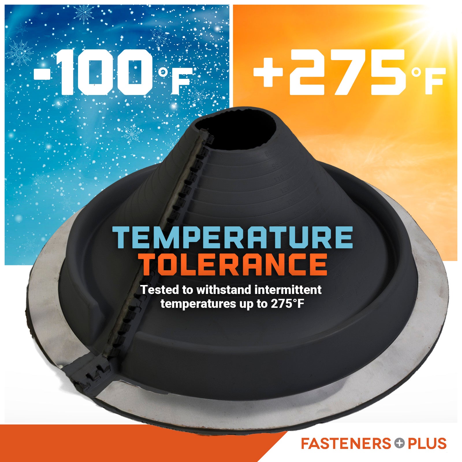 Black temperature tolerance metal roof boot with temperature range labels on a colorful background
