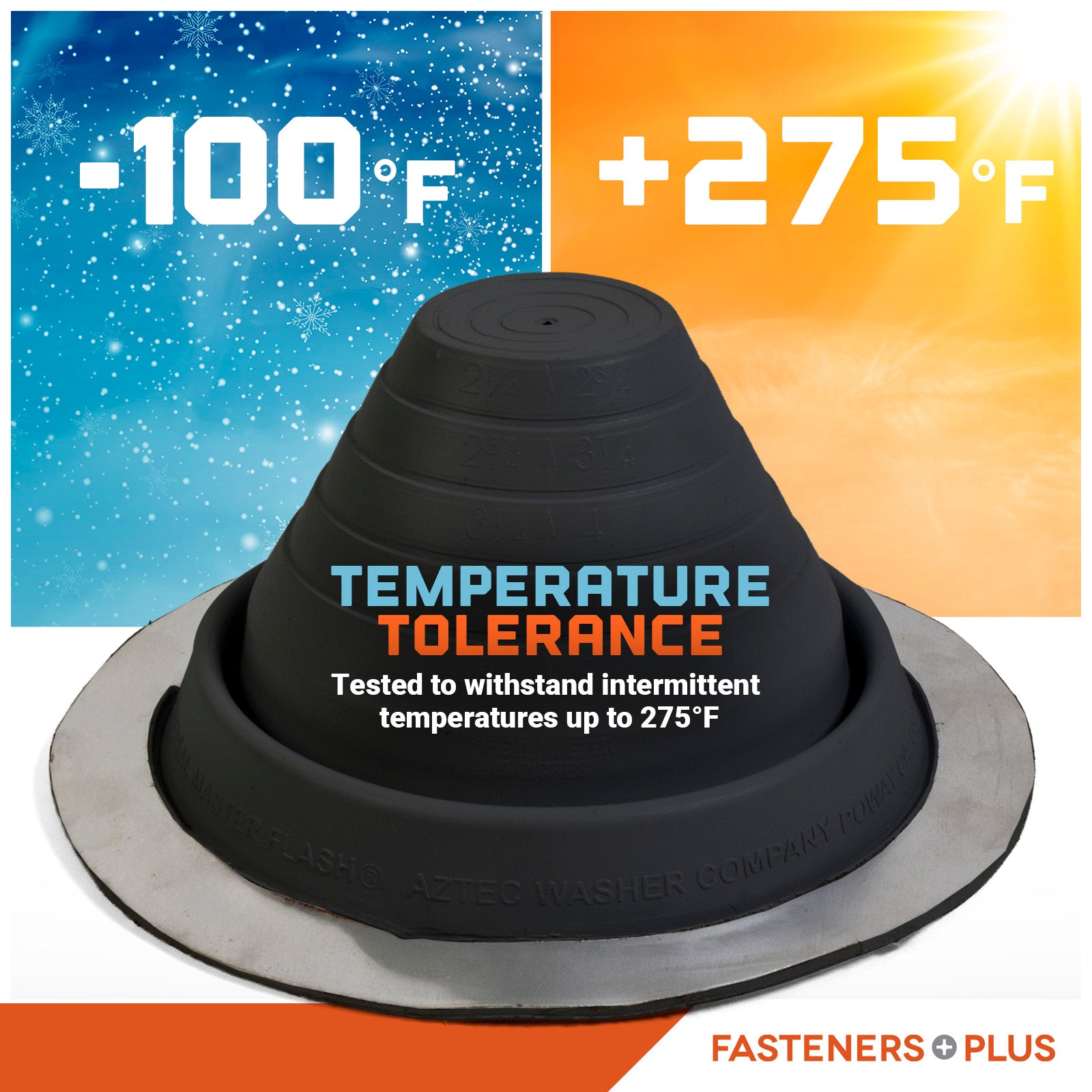 metal roof boot with temperature tolerance label on a white background