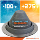 Gray metal roof boot with temperature tolerance label on a colorful background