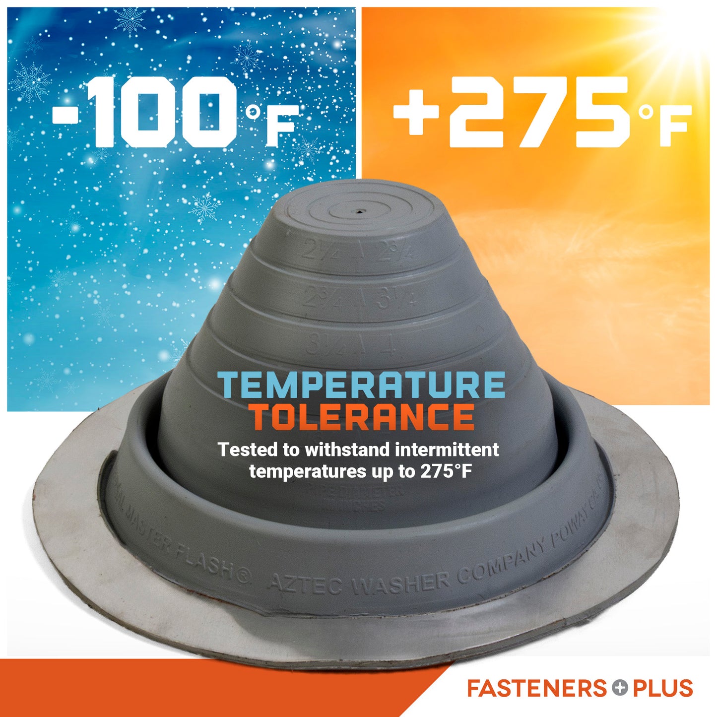 Gray metal roof boot with temperature tolerance label on a colorful background