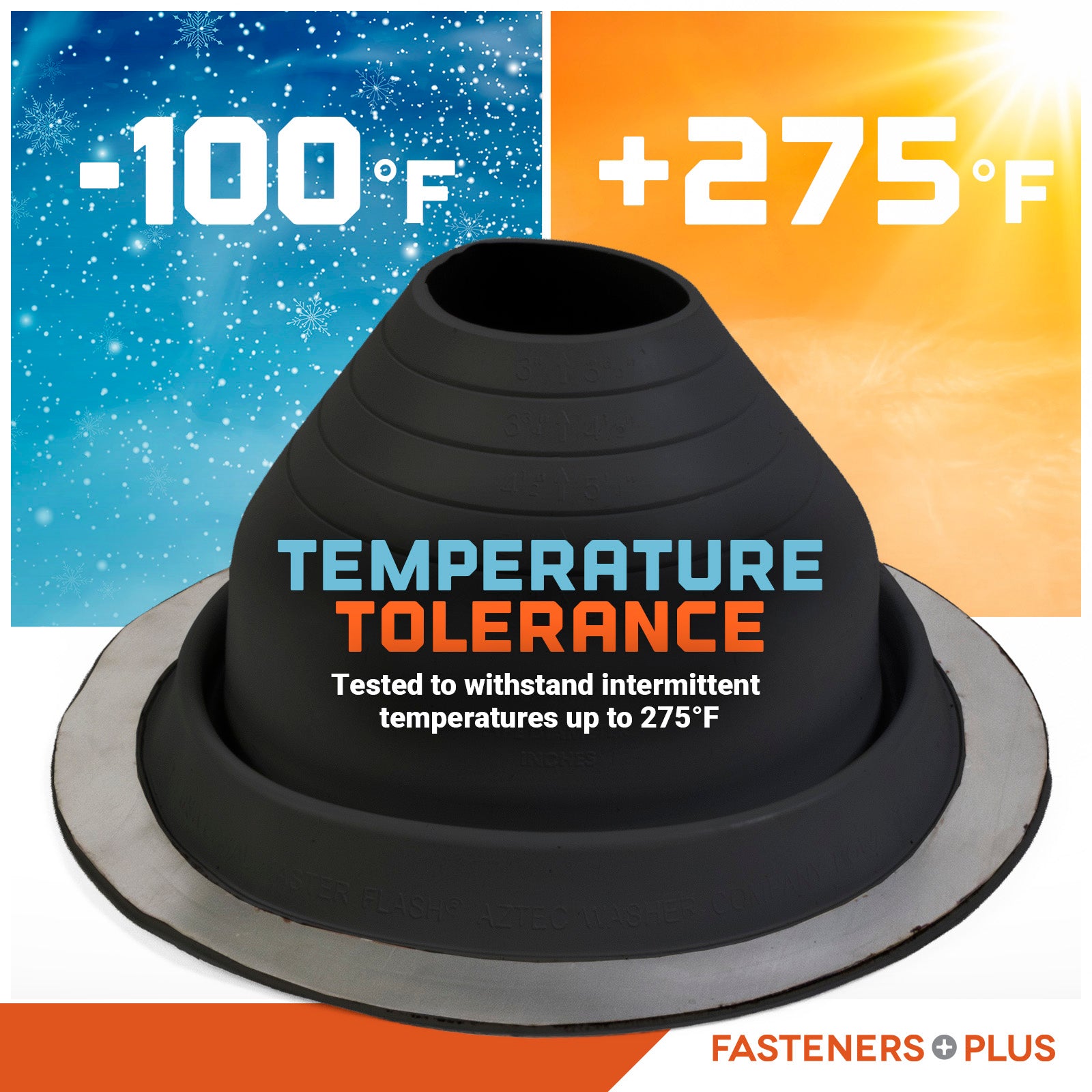 temperature tolerant metal roof boot with temperature range displayed against a snowy and sunny background