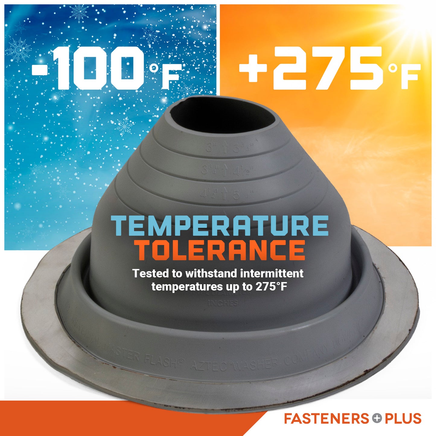 Gray Metal roof boot temperature tolerant with temperature range labels on a colorful background