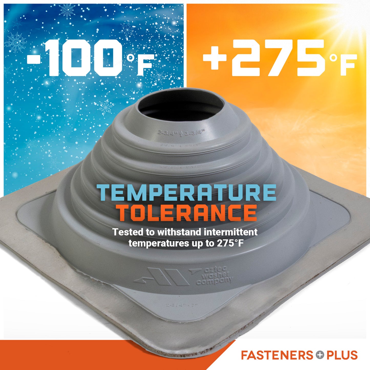 Gray temperature tolerance Metal roof boot  with temperature range graphics on a white background