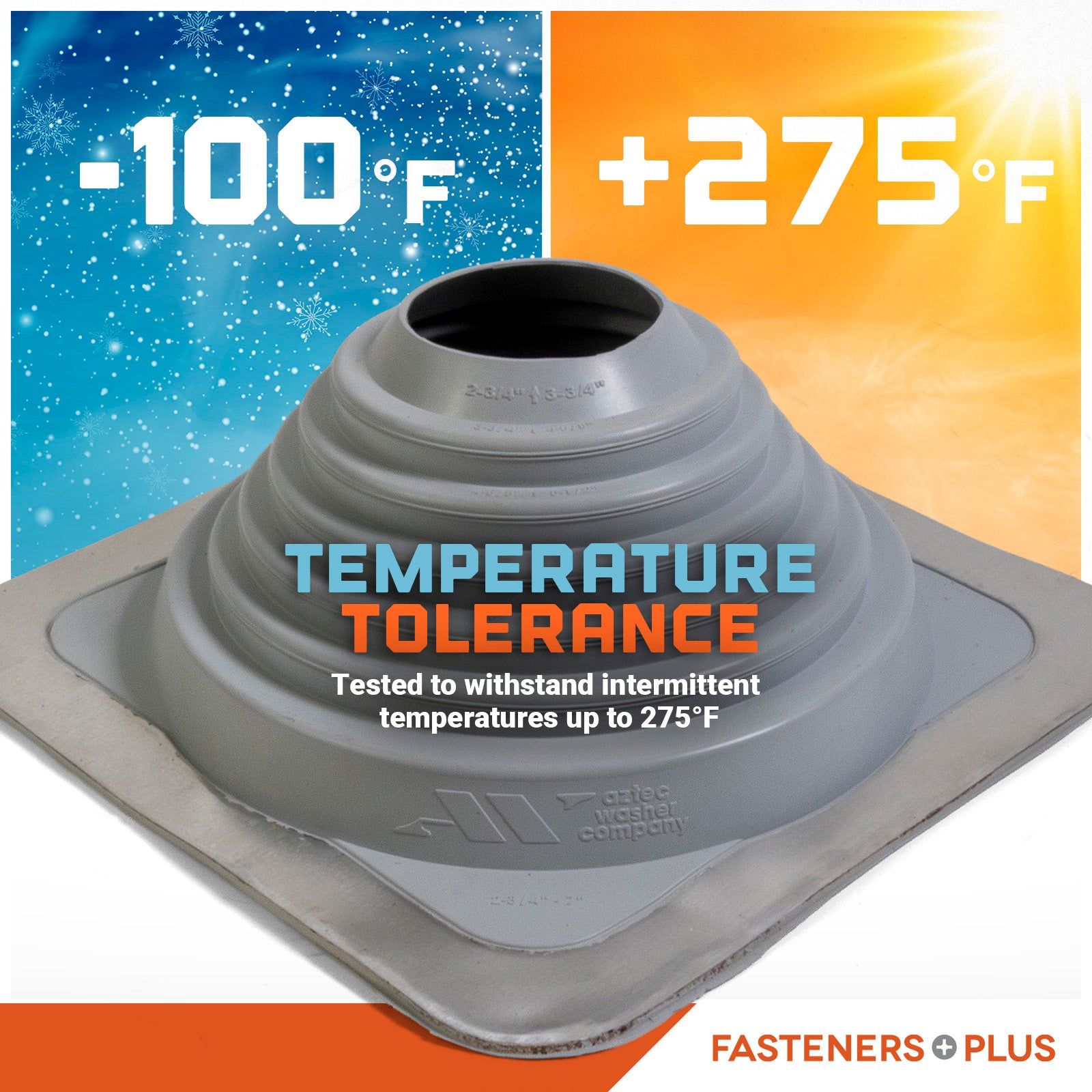 Gray temperature tolerance Metal roof boot  with temperature range graphics on a white background