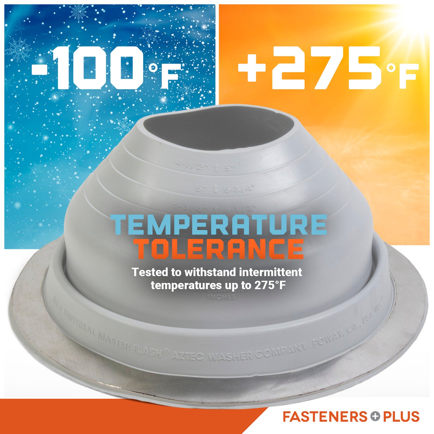 Gray Metal roof boot with temperature tolerance label on a colorful background