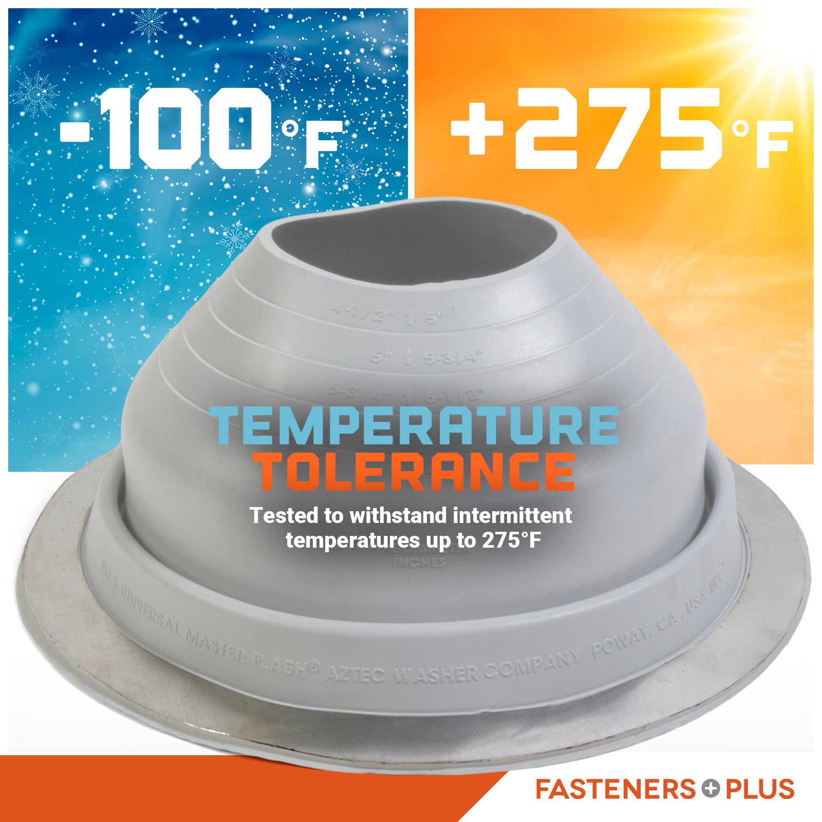 Gray Metal roof boot with temperature tolerance label on a colorful background