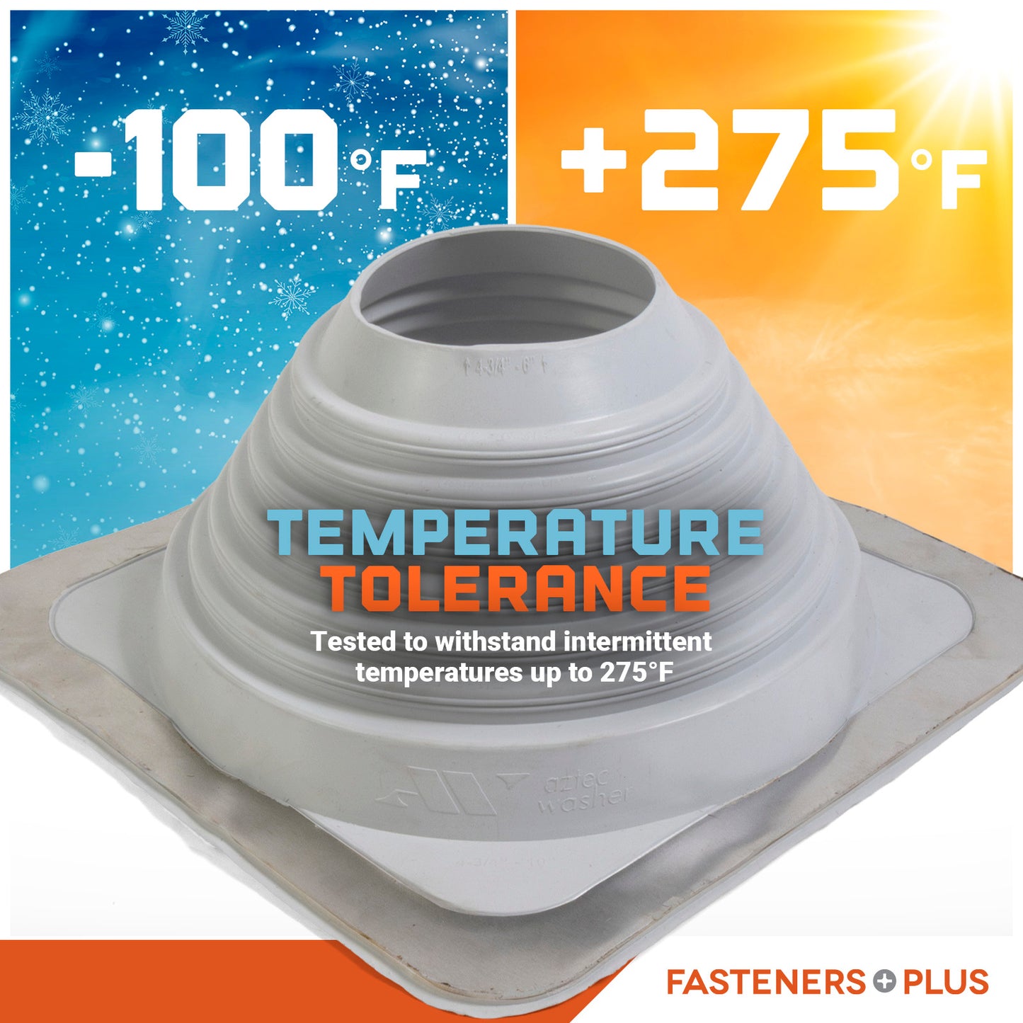 Temperature tolerance Metal roof boot with temperature range displayed on a colorful background