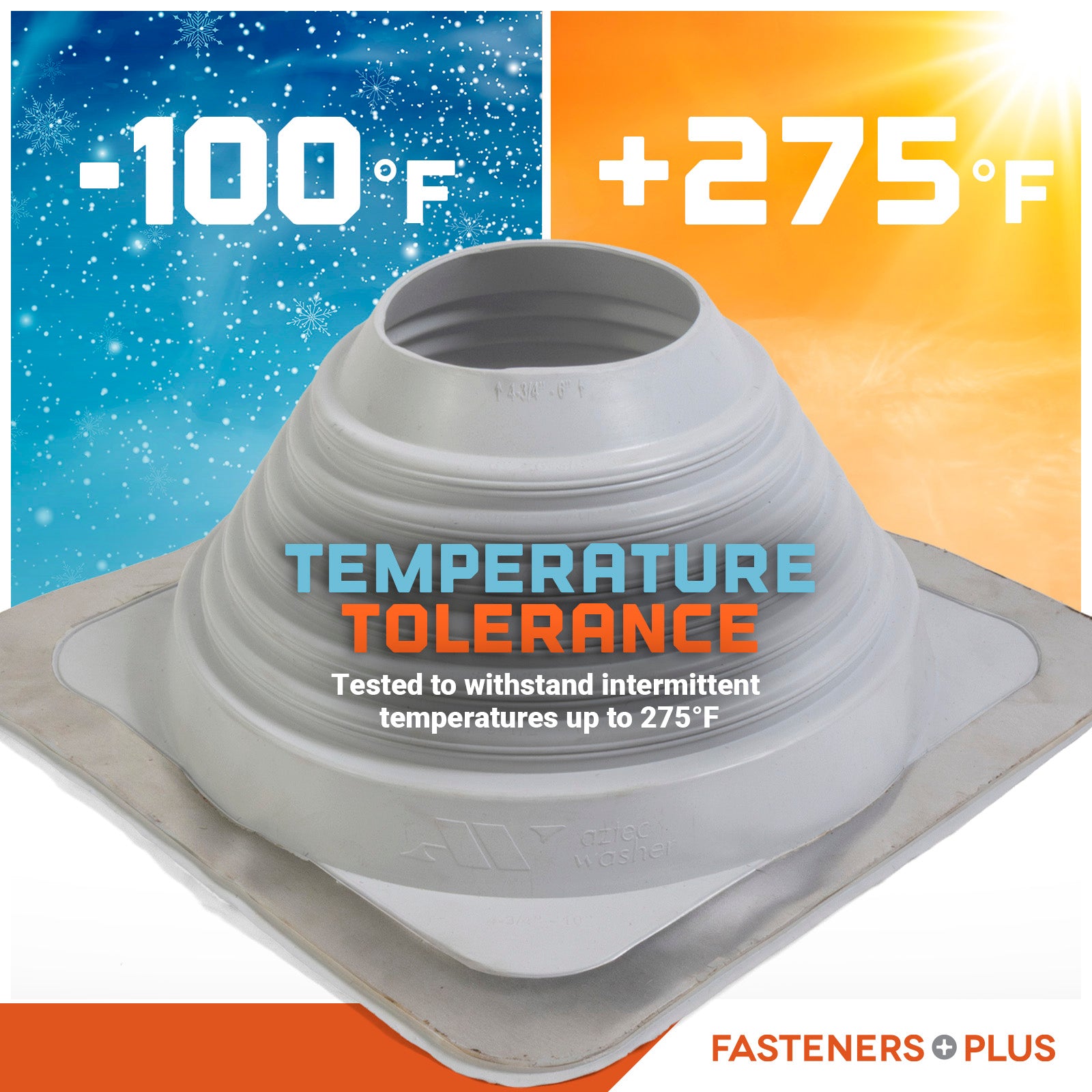 Temperature tolerance Metal roof boot with temperature range displayed on a colorful background