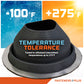 Metal roof boot with temperature tolerance label on a colorful background