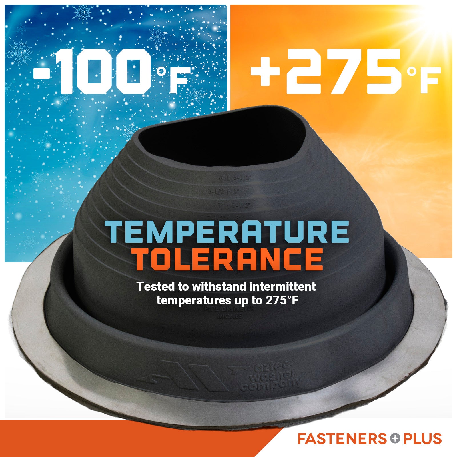 Metal roof boot with temperature tolerance label on a colorful background