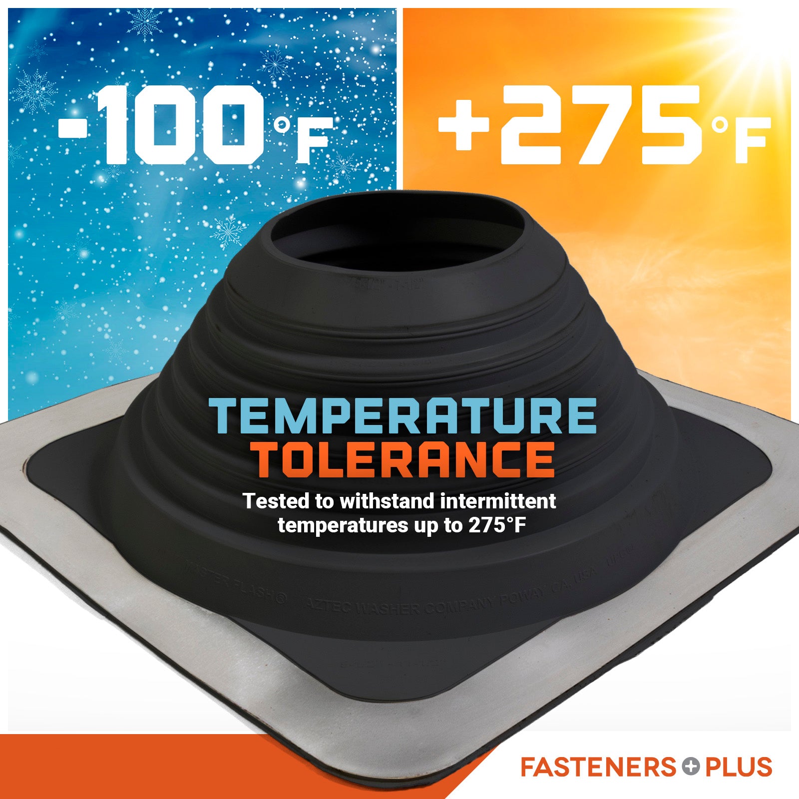 temperature tolerance Metal roof boot with temperature range displayed on a colorful background