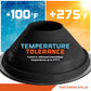 Black temperature tolerance Metal roof boot with temperature range displayed on a colorful background