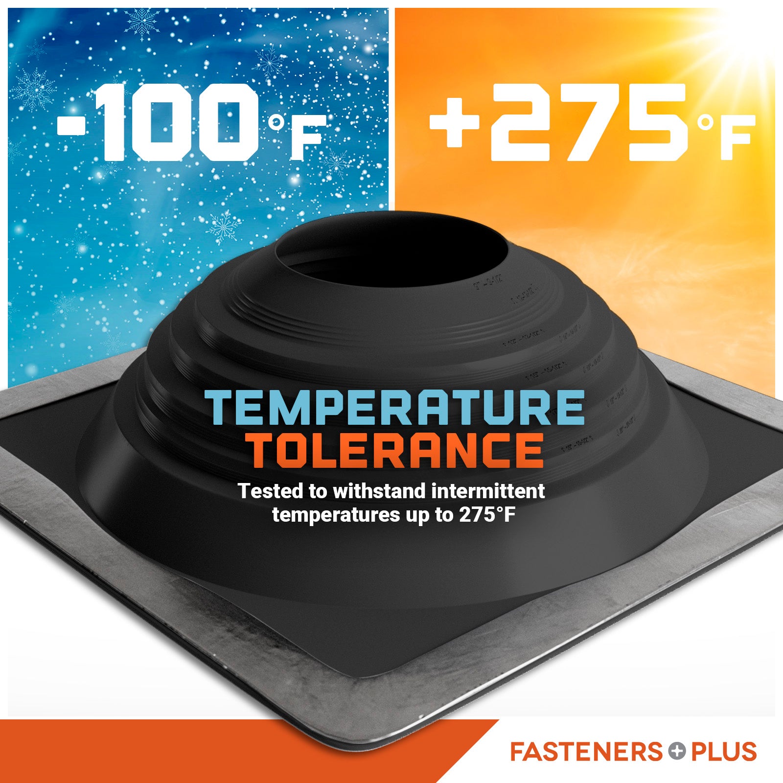 Metal roof boot with temperature tolerance labels on a colorful background