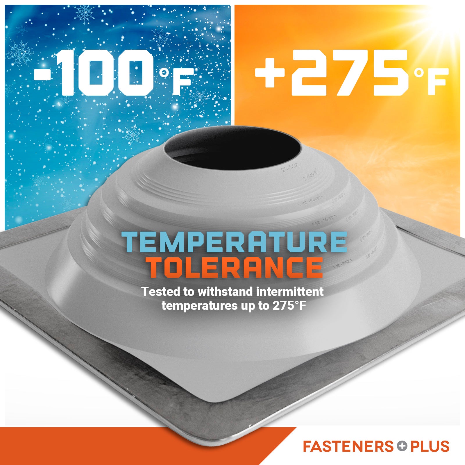 Metal roof boot with temperature tolerance range displayed on a colorful background