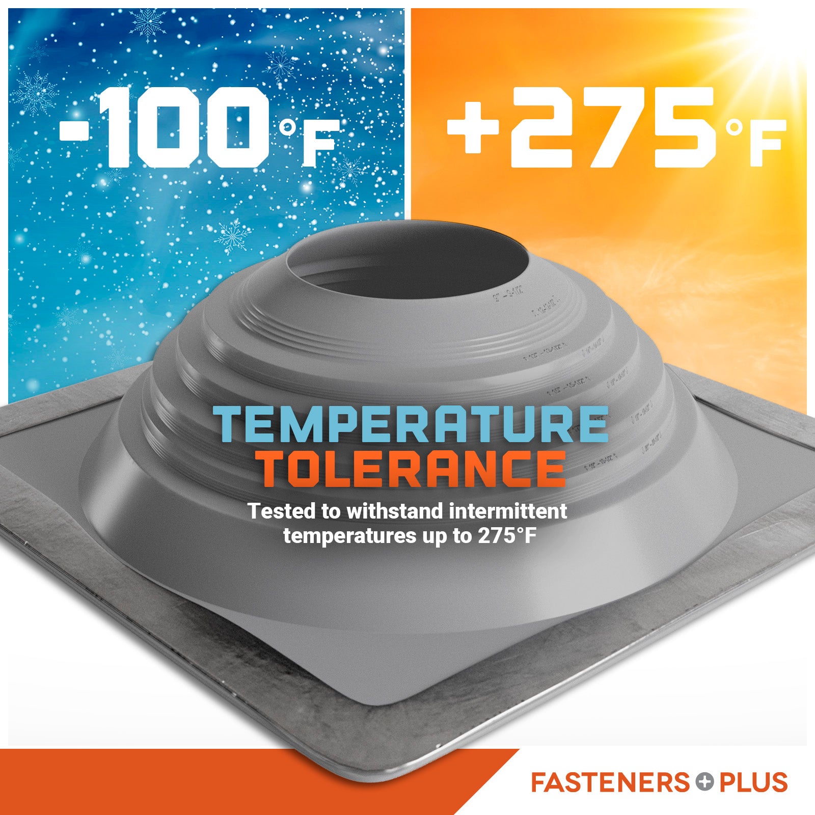 Metal roof boot with temperature tolerance range displayed on a colorful background
