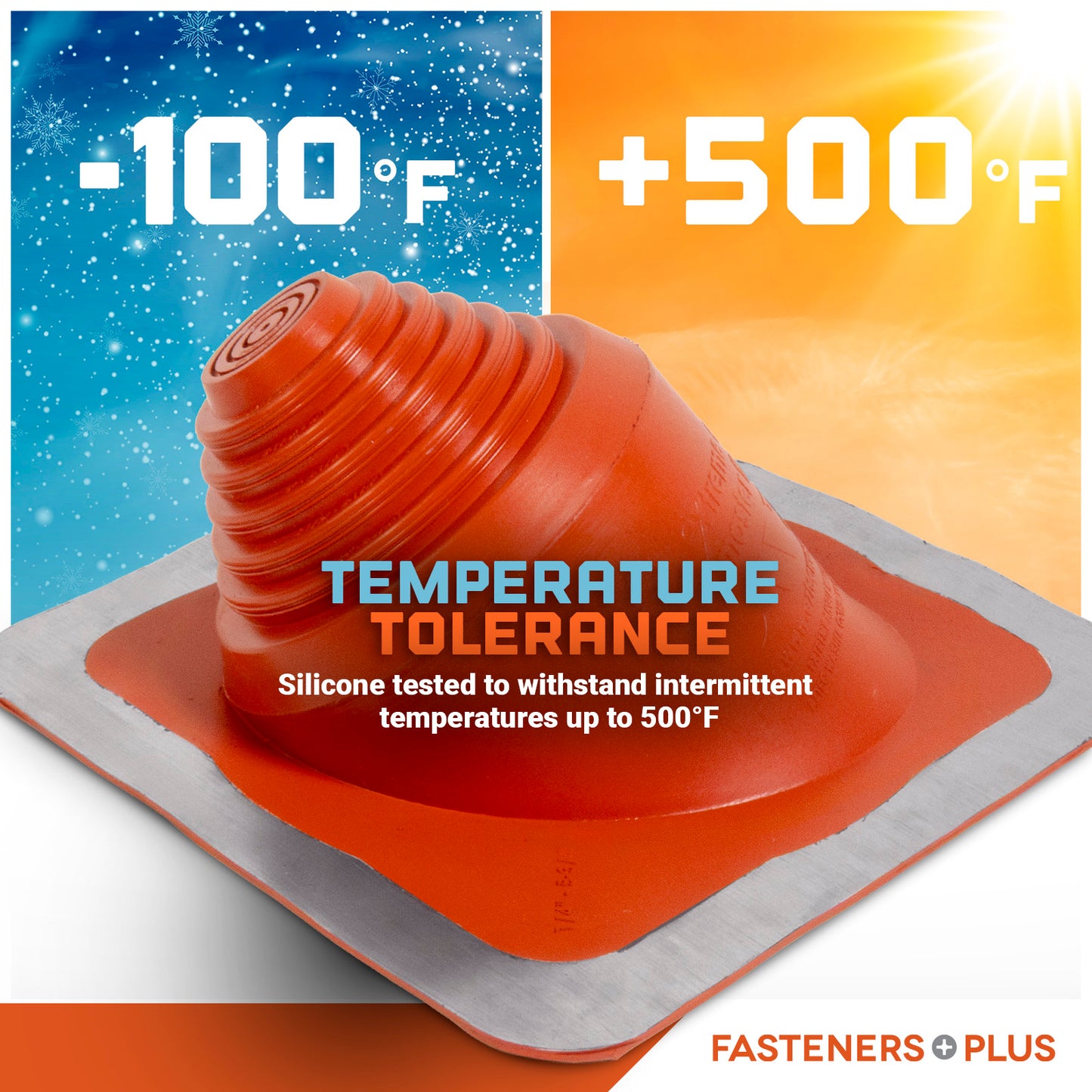 Orange silicone roof boot with temperature tolerance range displayed on a gradient background, featuring Fasteners Plus branding.