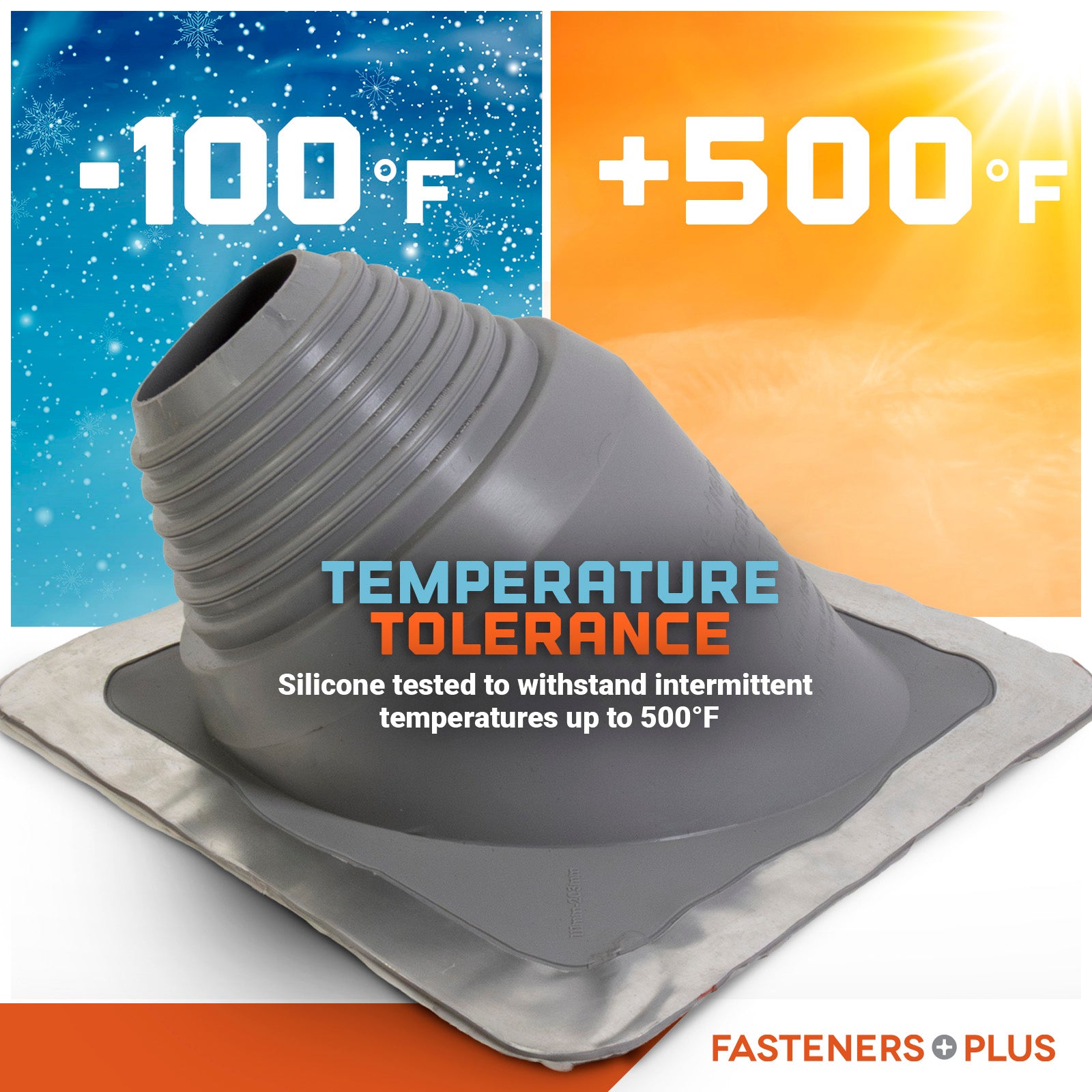Silicone metal roof boot with temperature tolerance range displayed on a colorful background