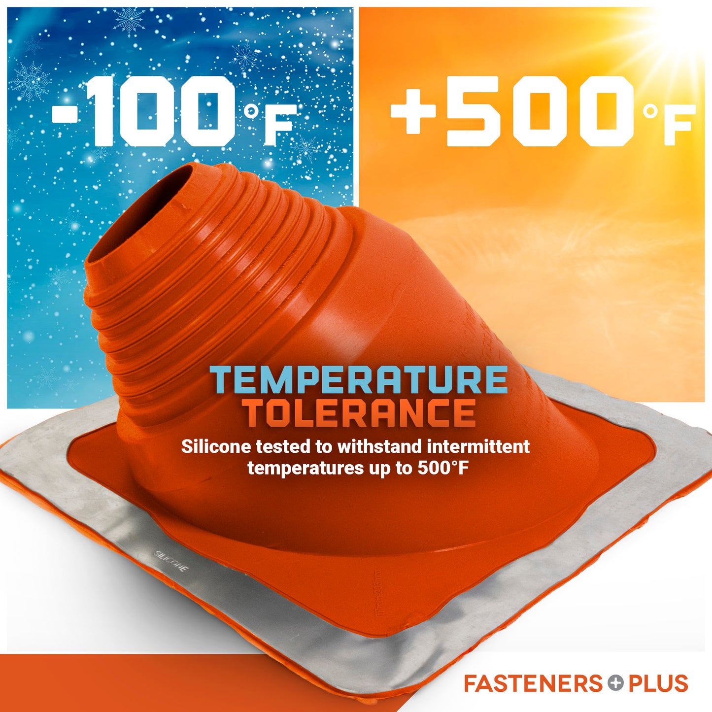 Orange silicone roof boot with temperature tolerance range displayed, featuring cold and hot temperature extremes.