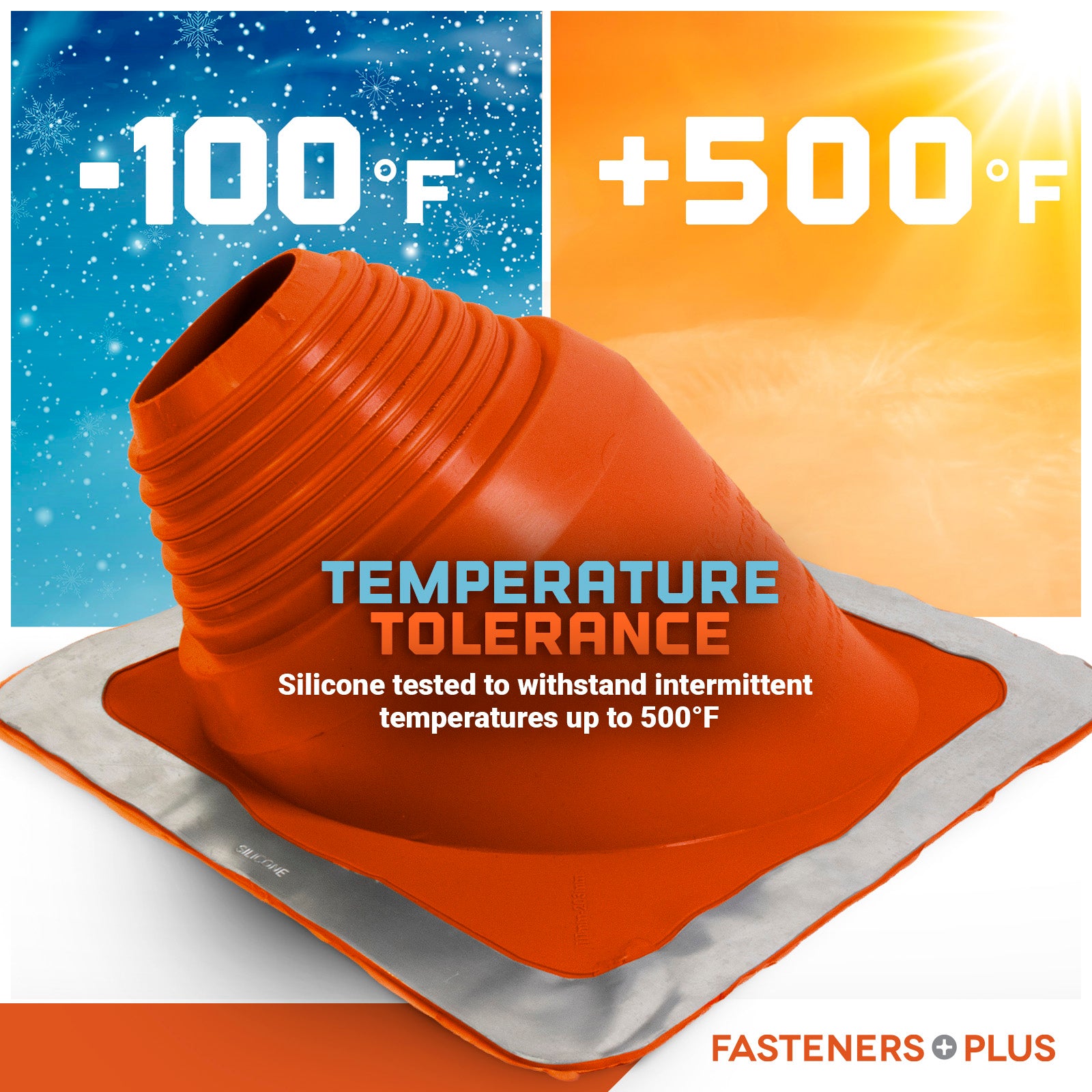 Orange silicone roof boot with temperature tolerance range displayed, featuring cold and hot temperature extremes.