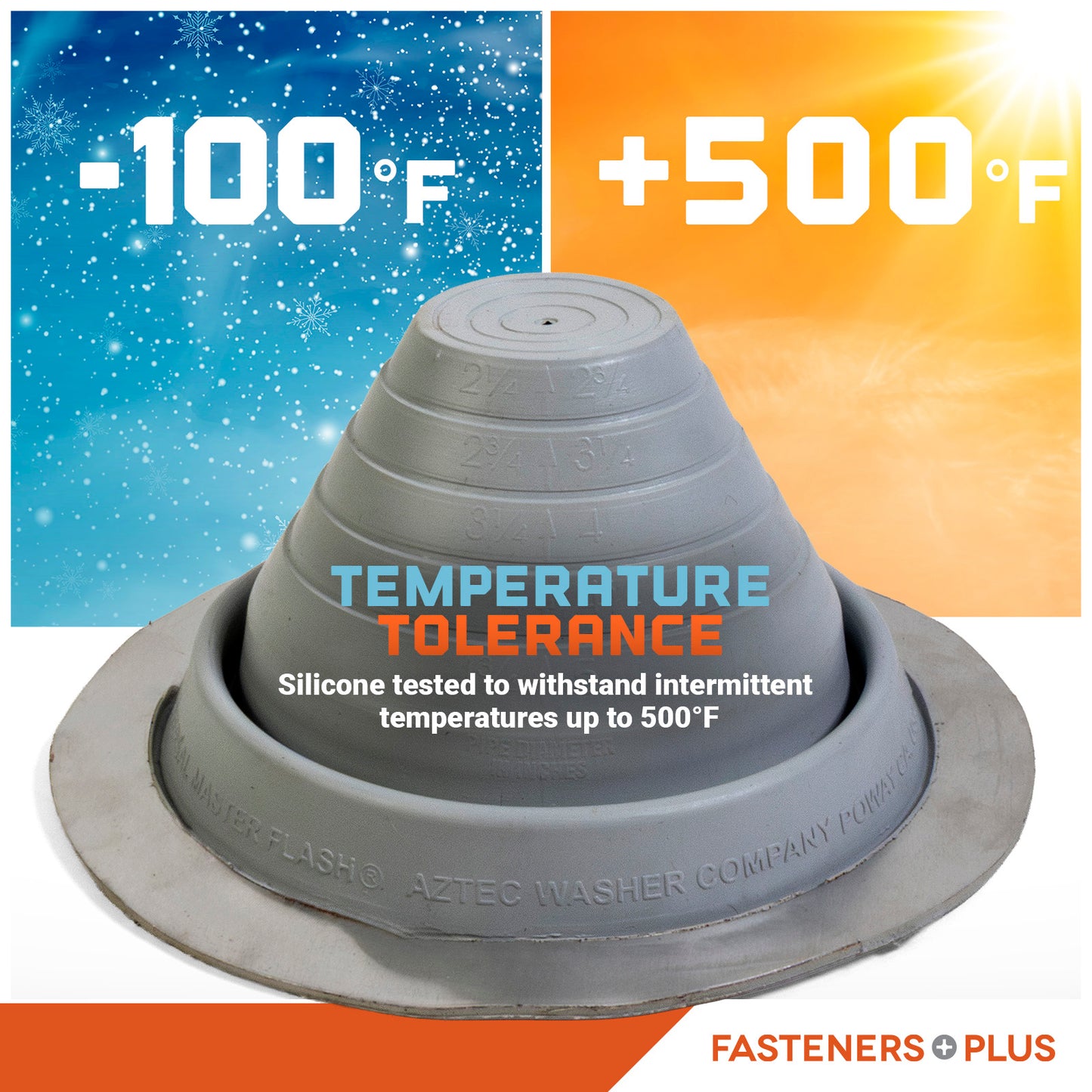 Metal roof boot with temperature tolerance label on a white background