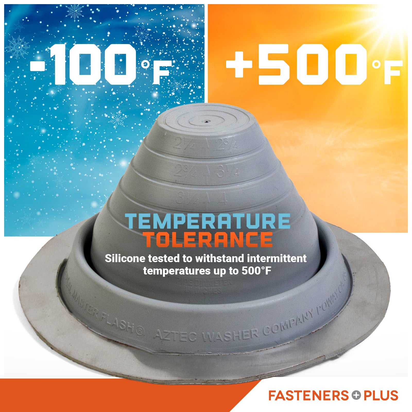 Metal roof boot with temperature tolerance label on a white background