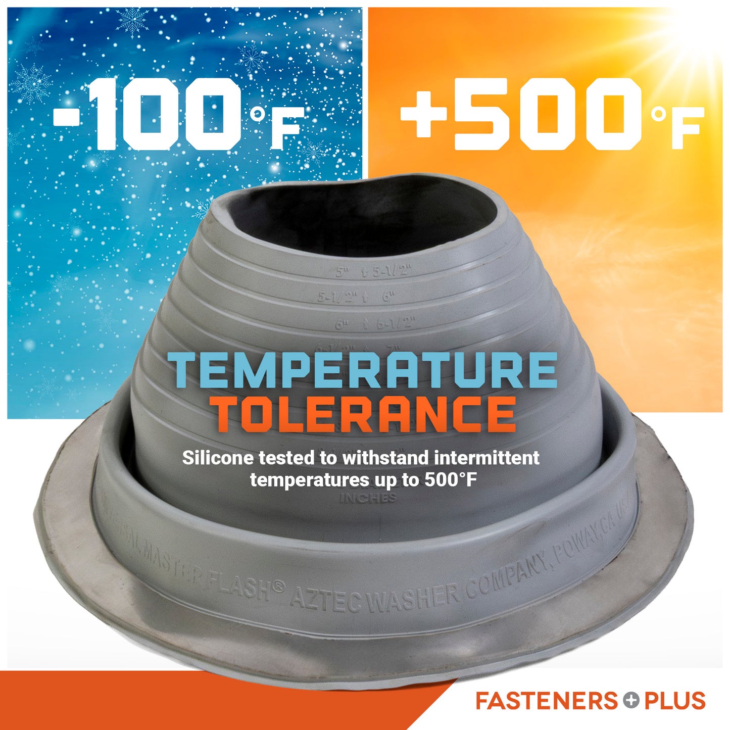 Silicone Metal roof boot with temperature tolerance range displayed on a colorful background