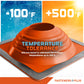 Temperature tolerance metal roof boot with temperature range displayed on a colorful background