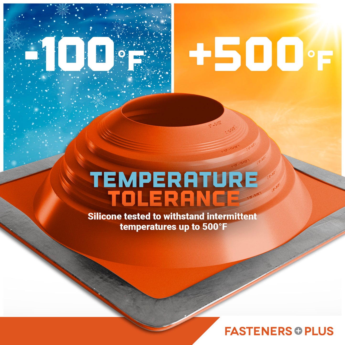 Temperature tolerance metal roof boot with temperature range displayed on a colorful background