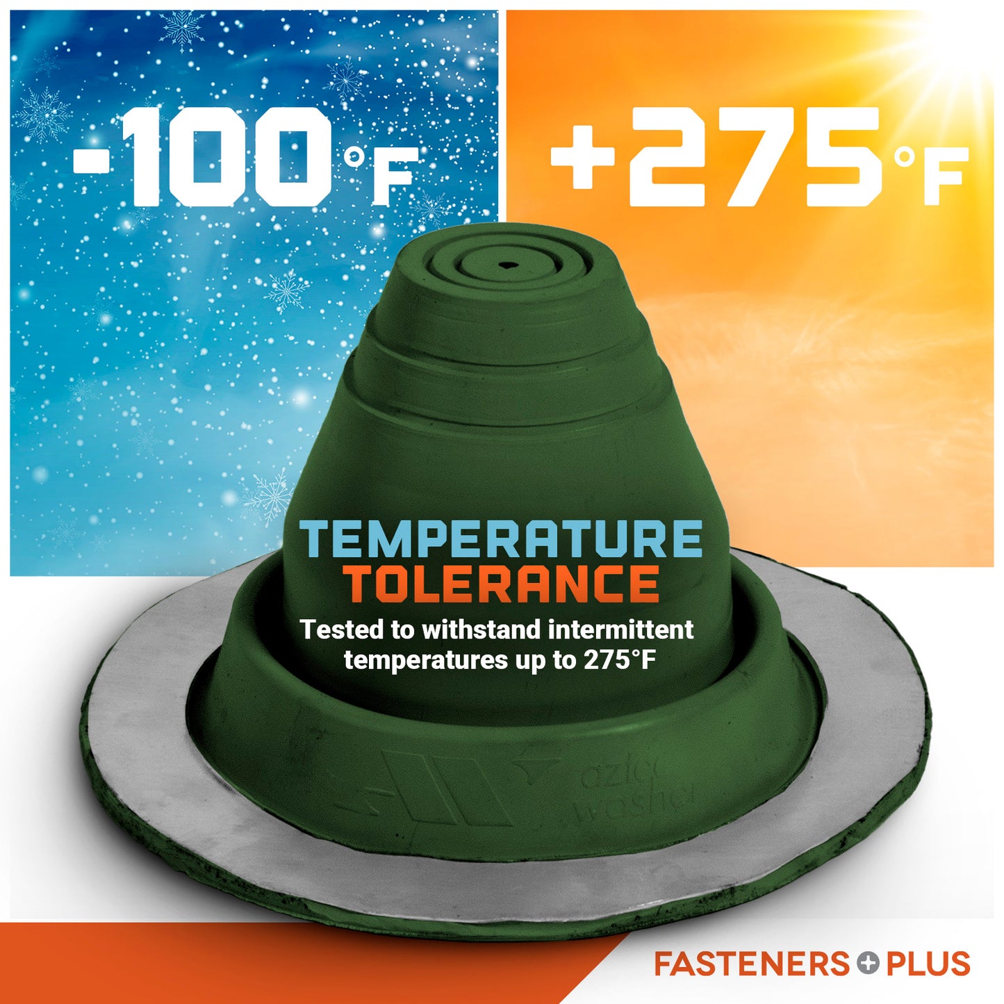 Temperature tolerance metal roof boot with temperature range display on a white background
