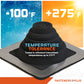 Temperature tolerance metal roof boot with temperature range display on a white background