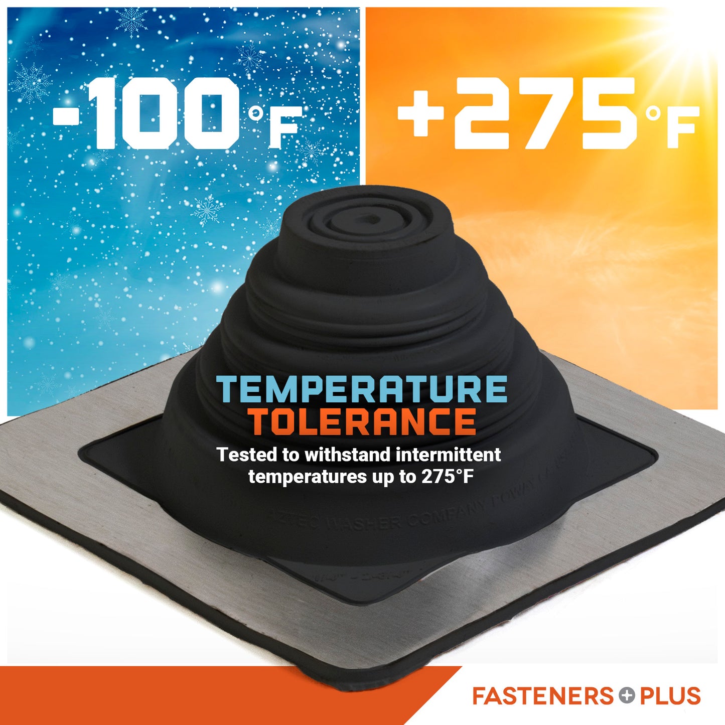 Temperature tolerance metal roof boot with temperature range display on a white background