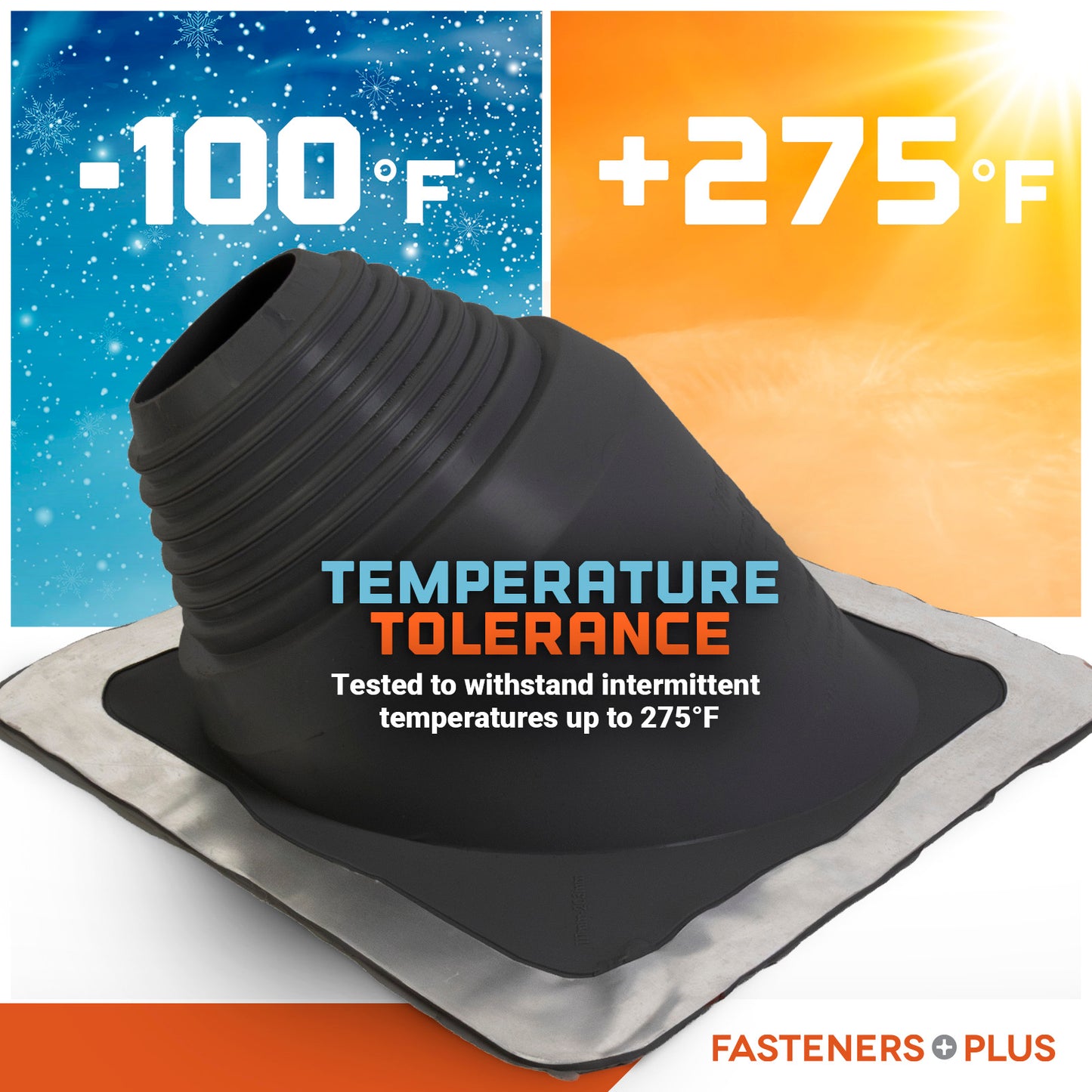Temperature tolerance metal roof boot with temperature range graphics and Fasteners Plus branding.