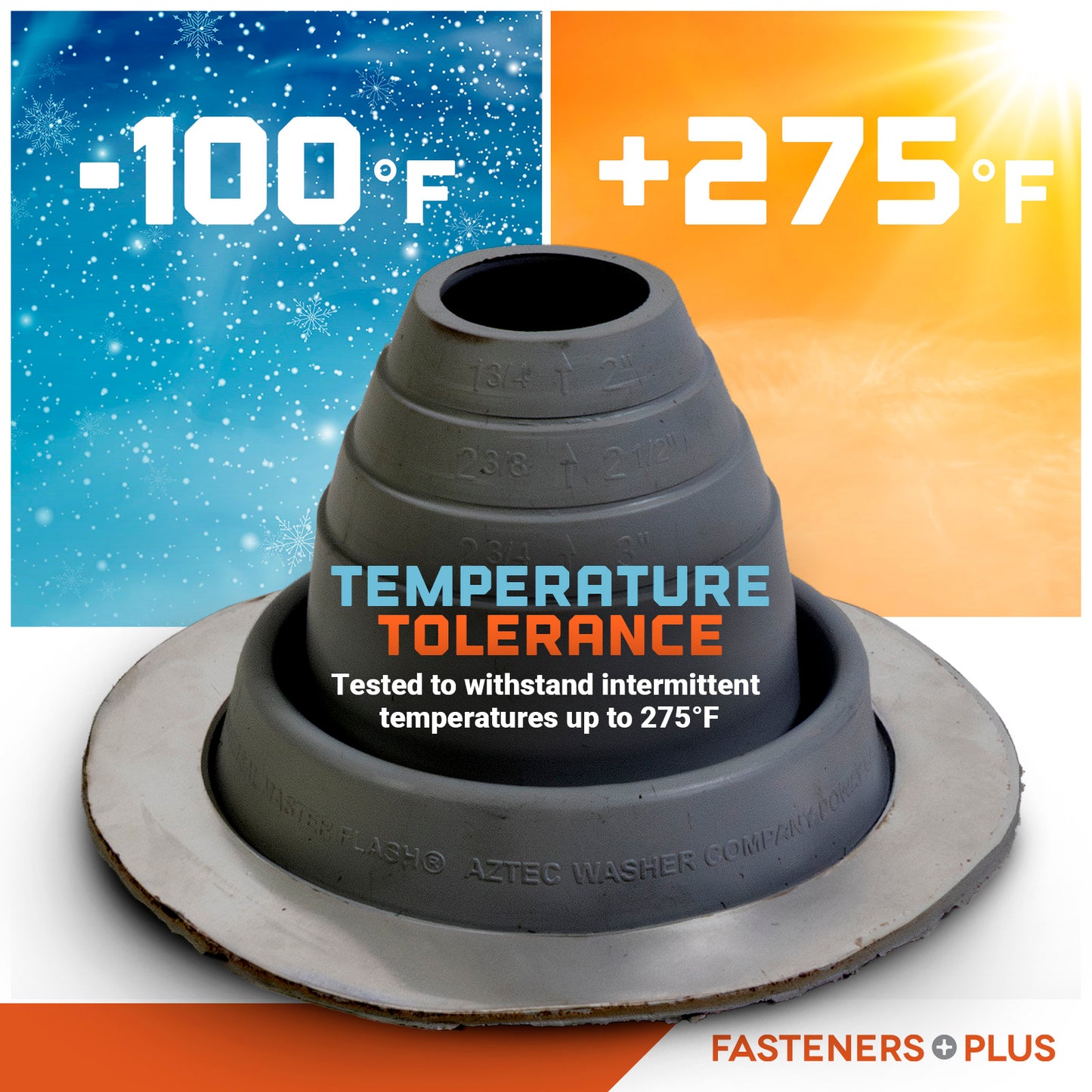 Temperature tolerant roof boot with temperature range displayed on a gradient backgroun