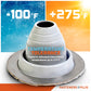Temperature tolerant metal roof boot with temperature range displayed on a colorful background