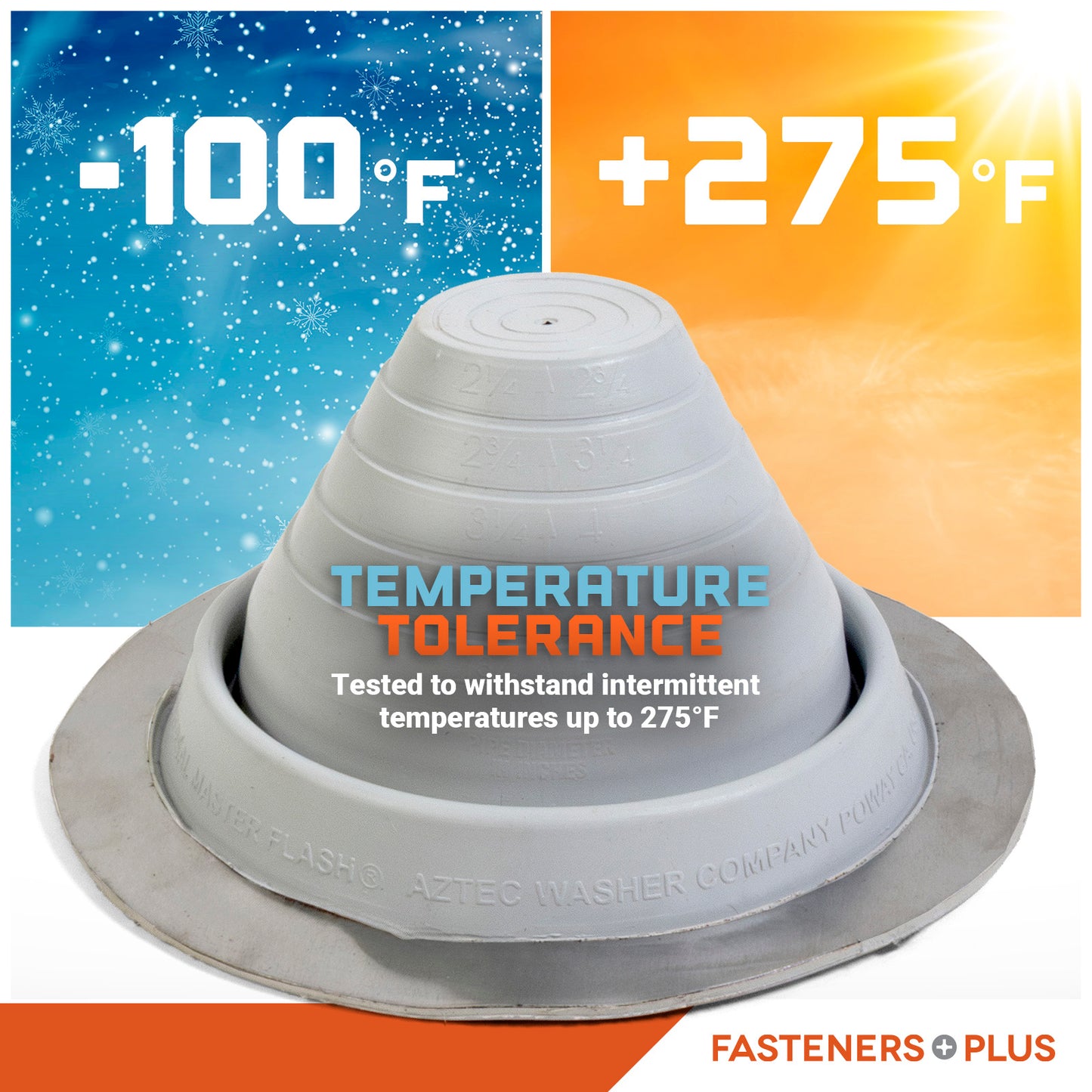 Roofing boot with temperature tolerance label on a colorful background
