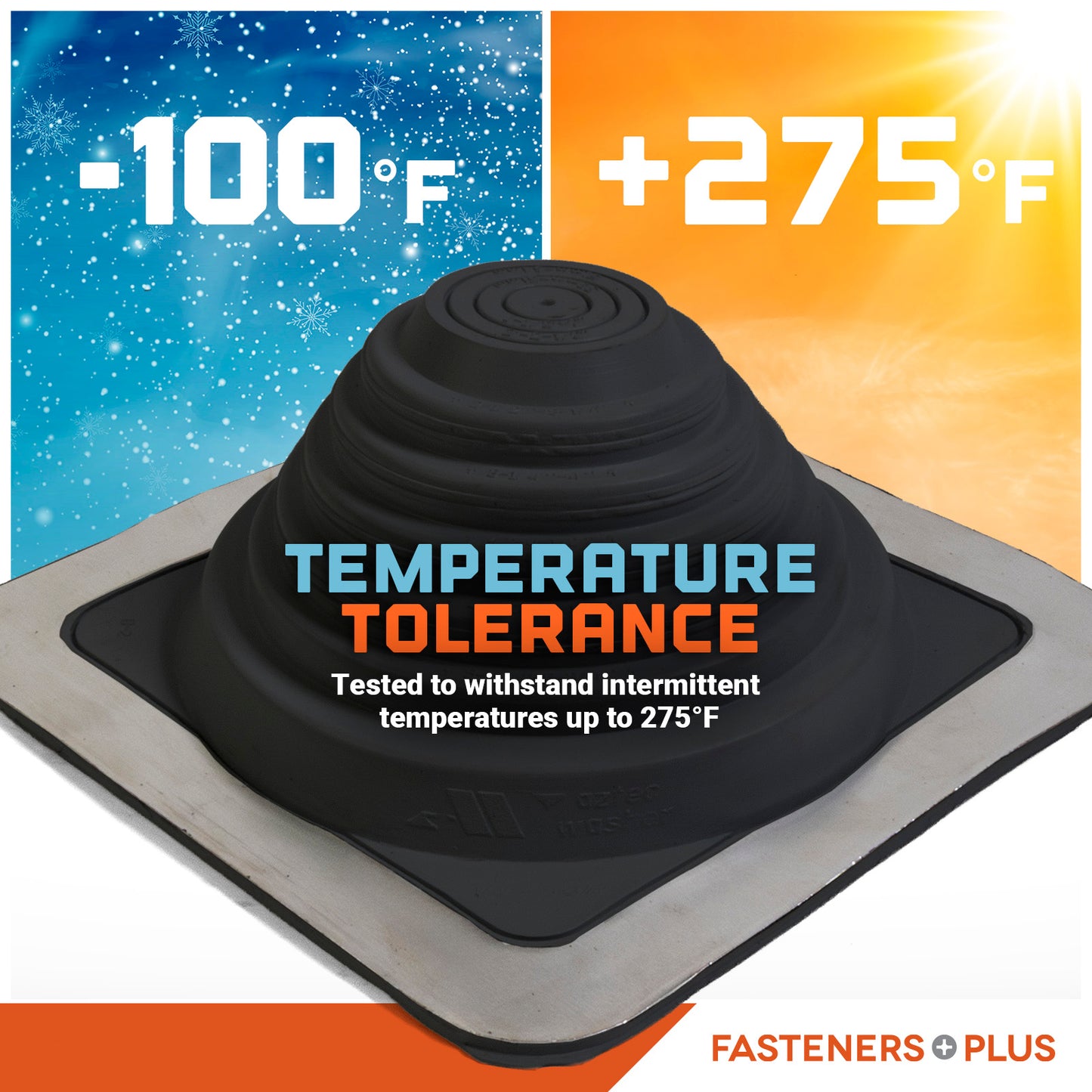 metal roof boot with temperature tolerance label on a colorful background