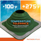 Green Metal roof boot with temperature tolerance labels on a colorful background