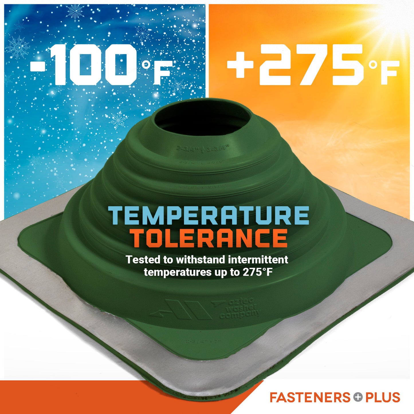 Green Metal roof boot with temperature tolerance labels on a colorful background