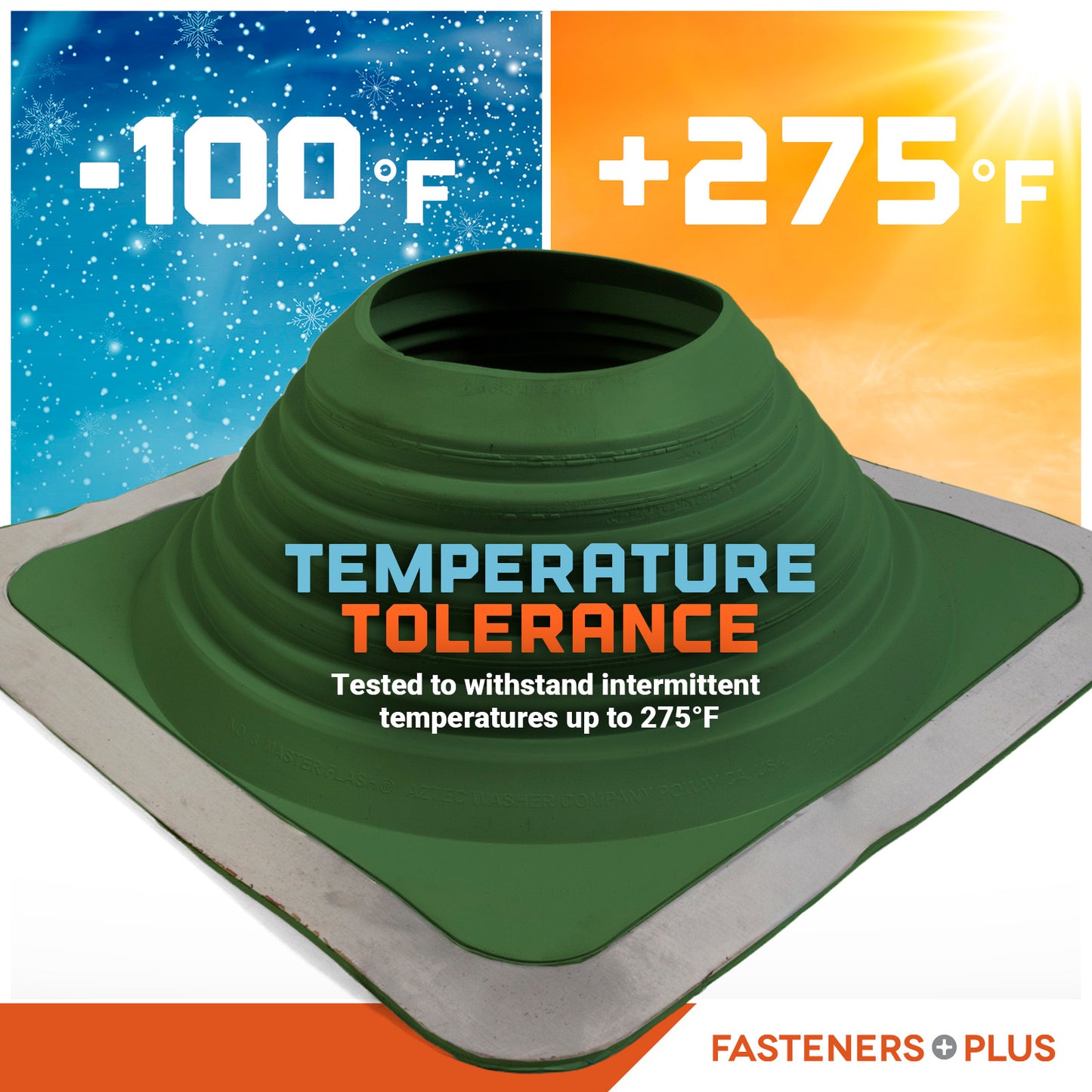 Green temperature tolerance Metal roof boot with temperature range displayed on a colorful background