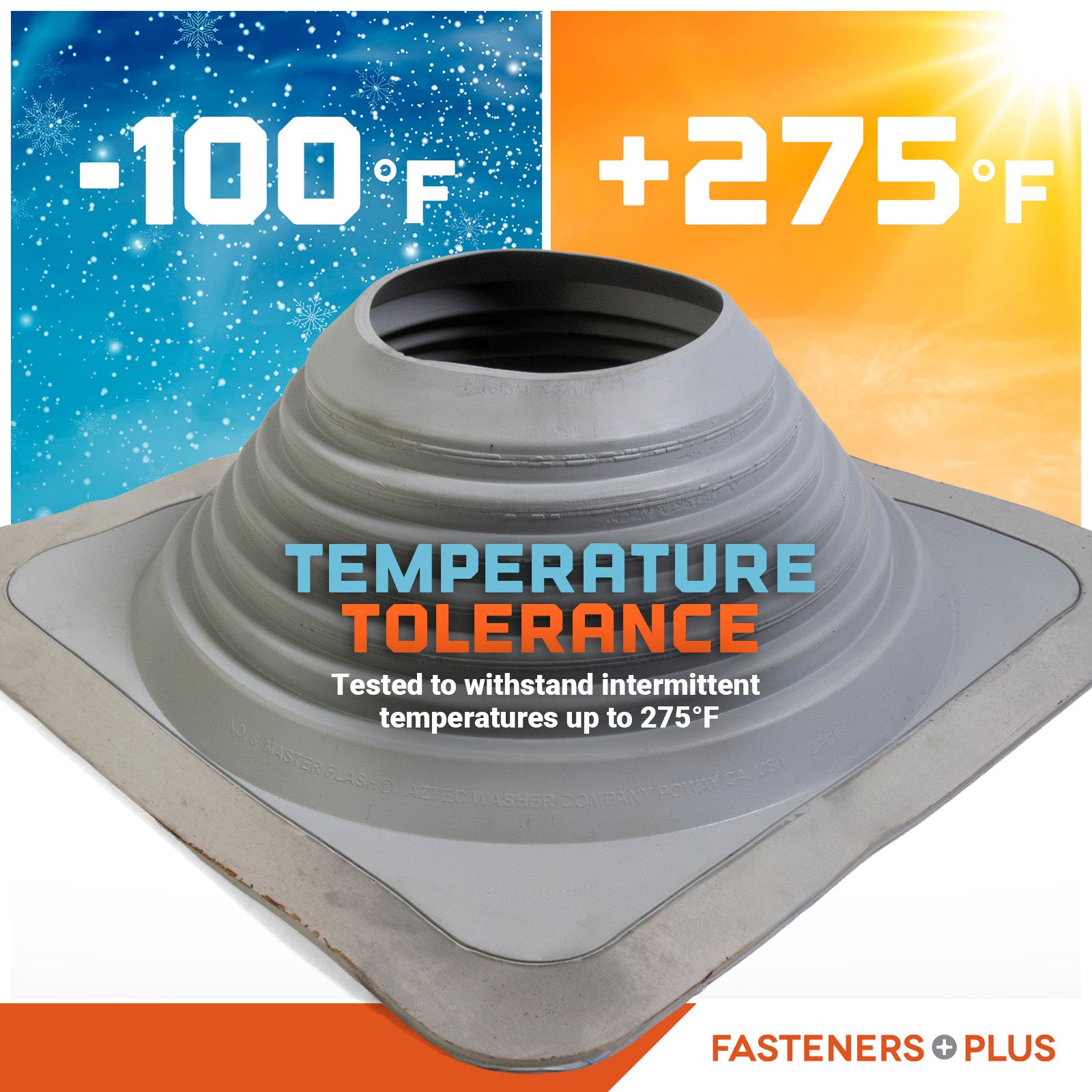 Temperature tolerance Metal roof boot with temperature range displayed on a white background