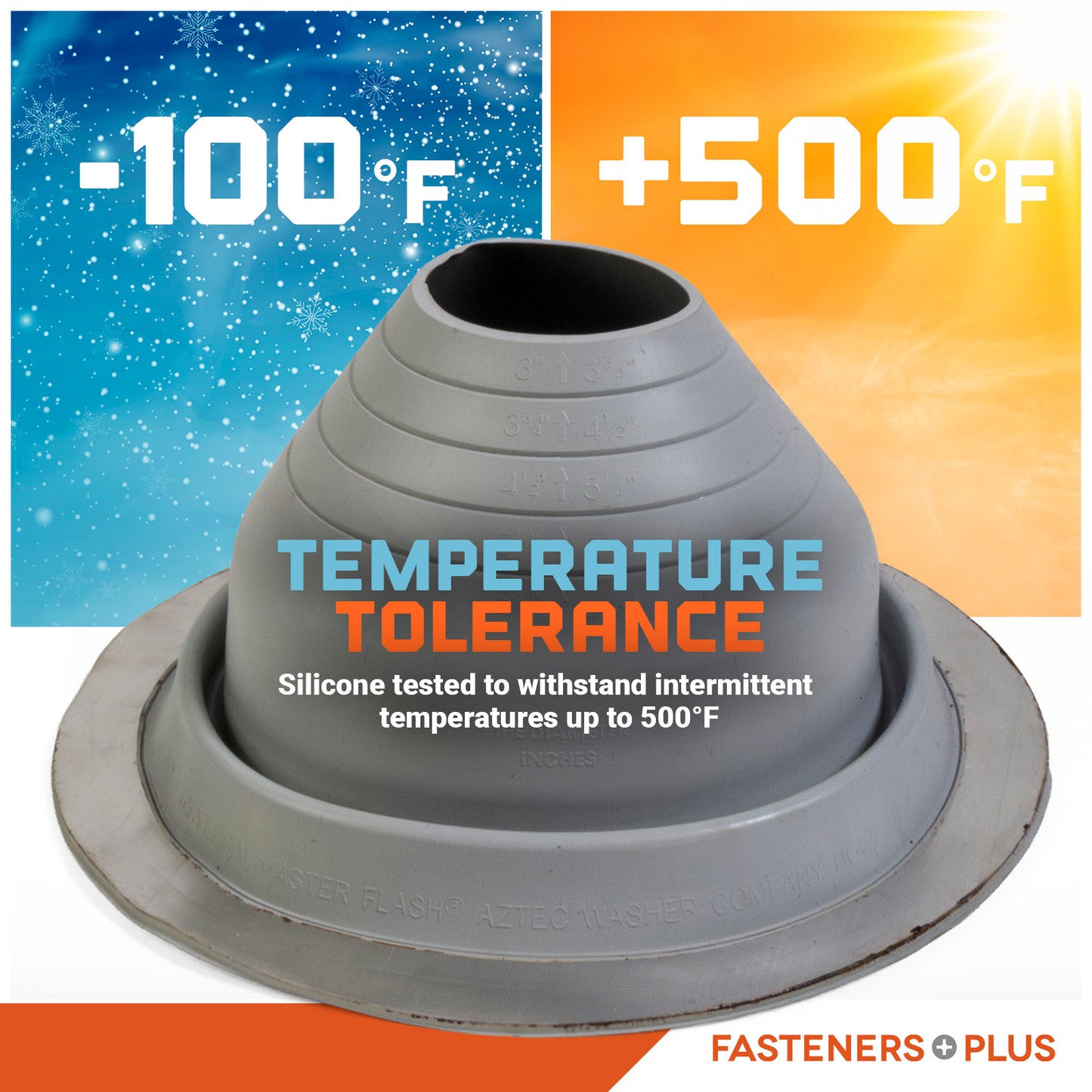 Silicone Metal roof boot with temperature tolerance range displayed on a colorful background